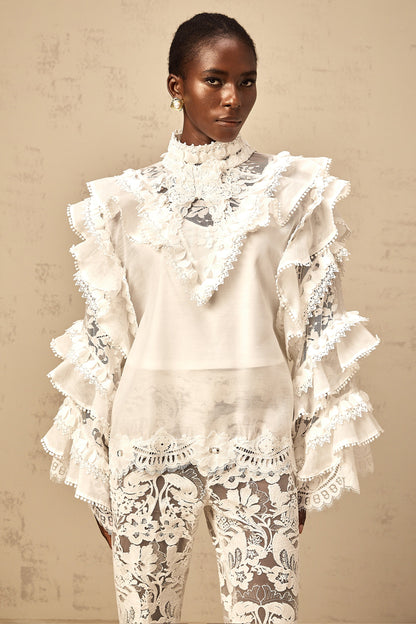 Mylène white tied layered lace blouse