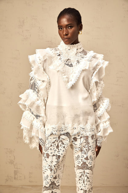 Mylène white tied layered lace blouse