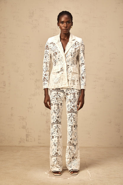 Yaelle white sequined flower-embroidered tulle blazer & trousers matching set