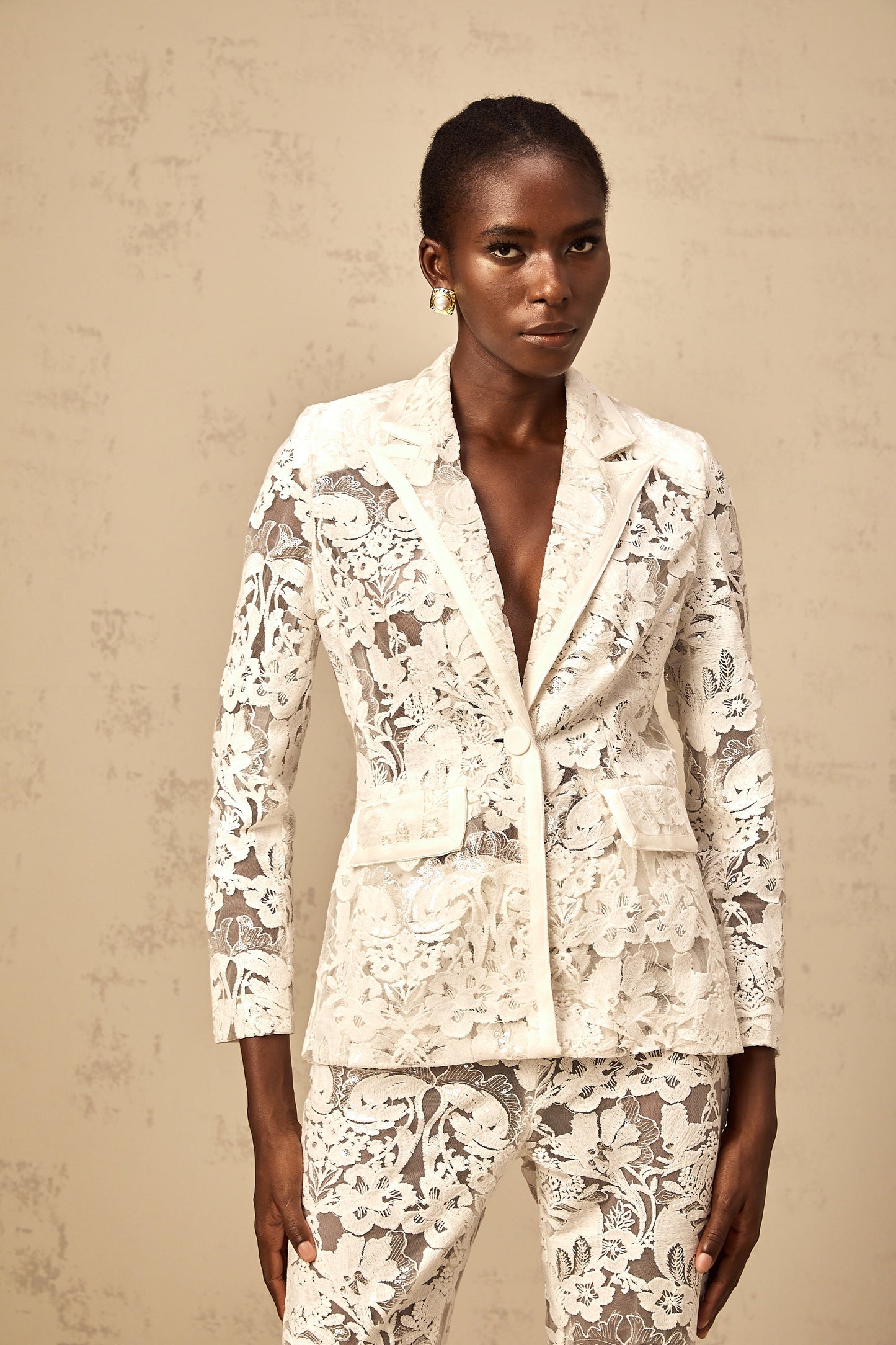 Yaelle white sequined flower-embroidered tulle blazer & trousers matching set