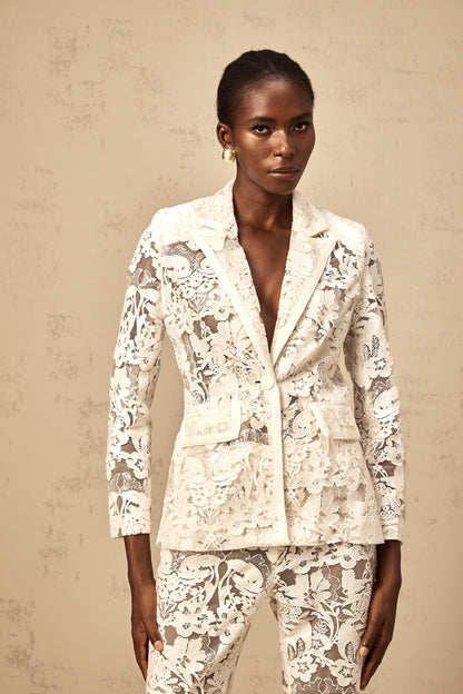 Yaelle white sequined flower-embroidered tulle blazer & trousers matching set
