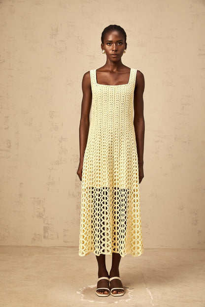 Edelie light-yellow embellished cut-out crochet-knit midi dress