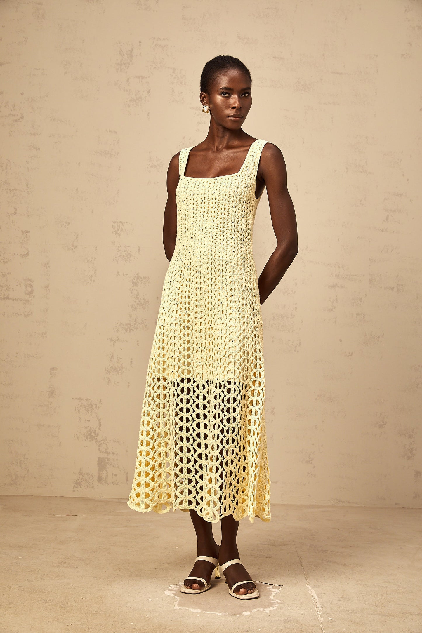 Edelie light-yellow embellished cut-out crochet-knit midi dress