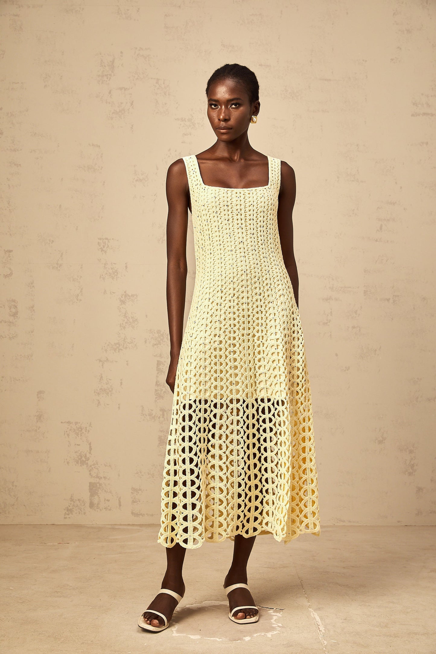 Edelie light-yellow embellished cut-out crochet-knit midi dress