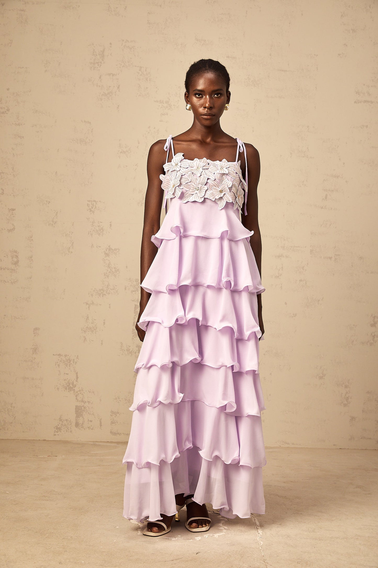 Wilhelmine purple sequined 3d-petal tiered maxi dress