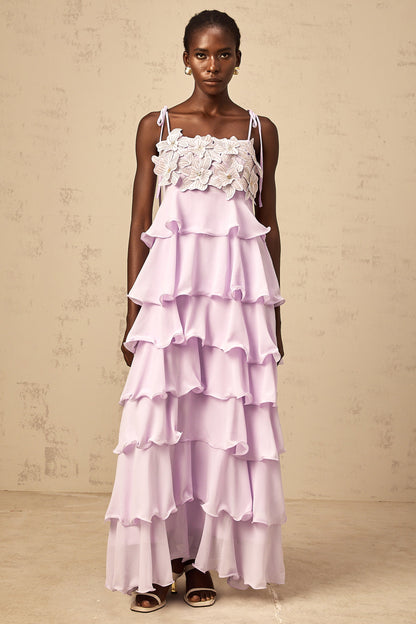 Wilhelmine purple sequined 3d-petal tiered maxi dress