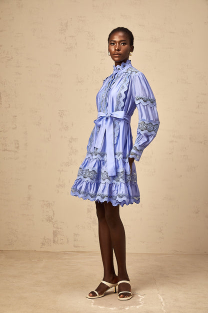 Poema blue cut-out motif-embroidered tiered mini dress