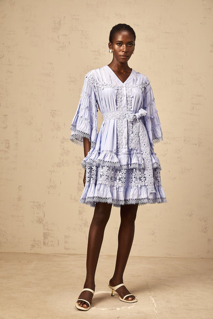 Gaëlle light-blue floral-embroidered tiered mini dress