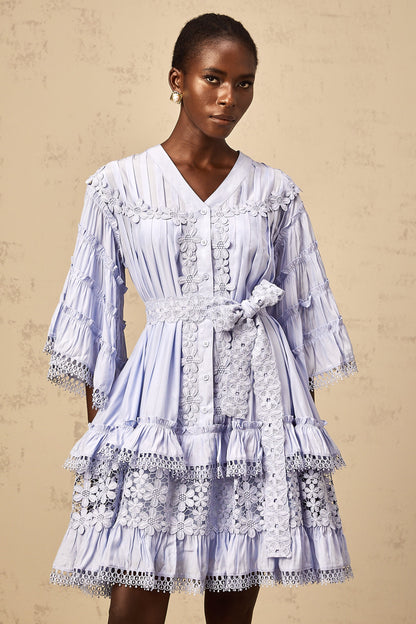 Gaëlle light-blue floral-embroidered tiered mini dress