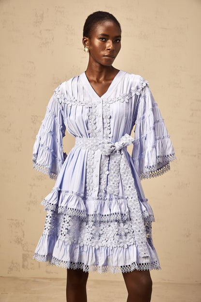 Gaëlle light-blue floral-embroidered tiered mini dress