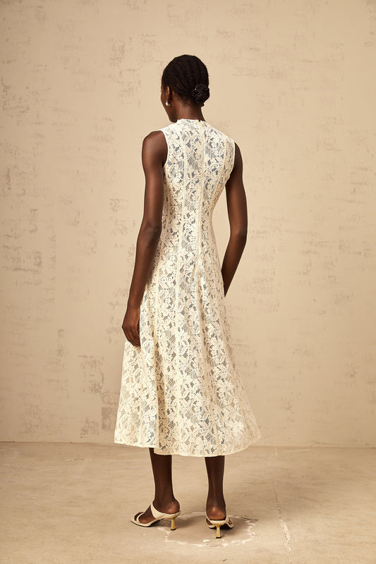 Edelie beige floral-lace flared midi dress