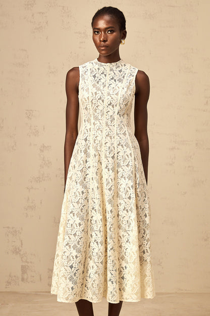 Edelie beige floral-lace flared midi dress