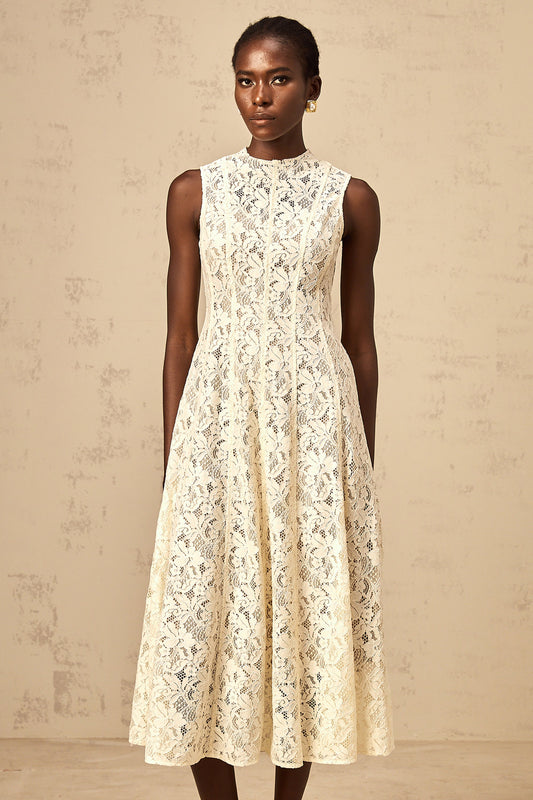 Edelie beige floral-lace flared midi dress