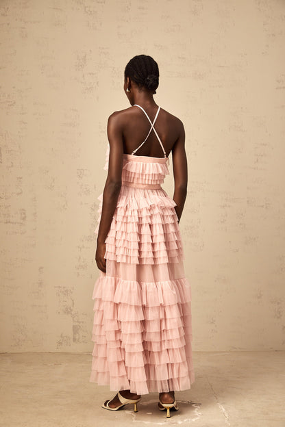Isabelle pink petal-brooch ruffled tiered tulle maxi dress