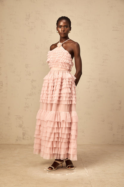 Isabelle pink petal-brooch ruffled tiered tulle maxi dress