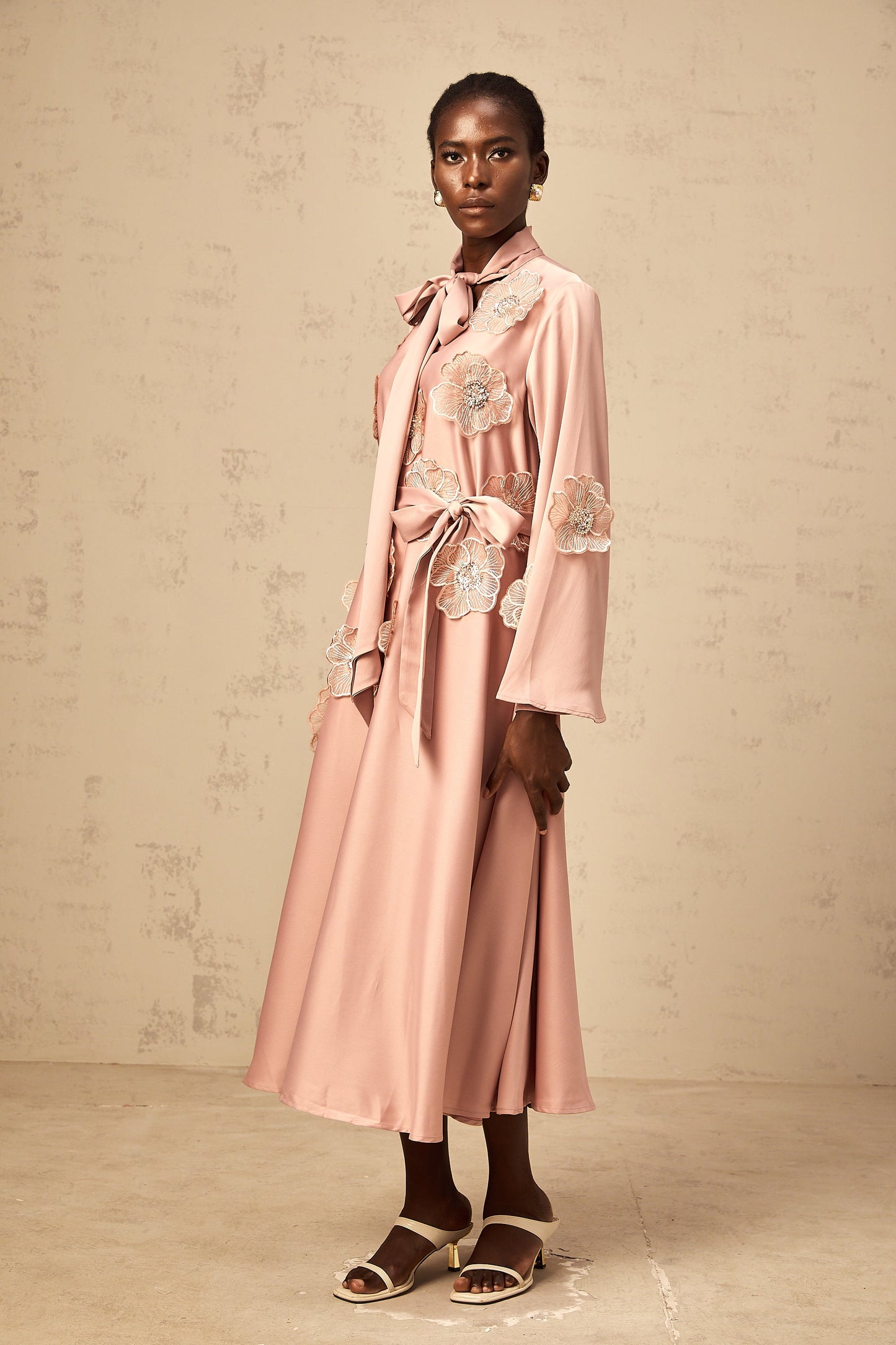 Orane tied floral-applique flared midi dress in Pink