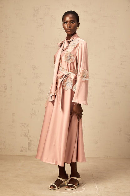 Orane tied floral-applique flared midi dress in Pink
