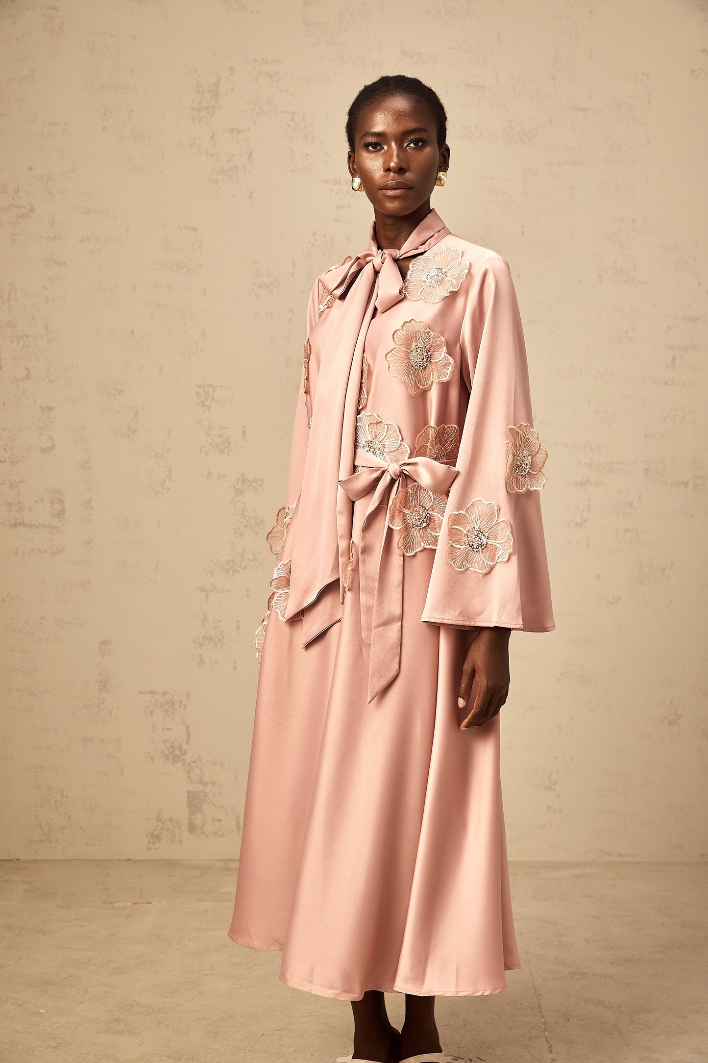Orane tied floral-applique flared midi dress in Pink