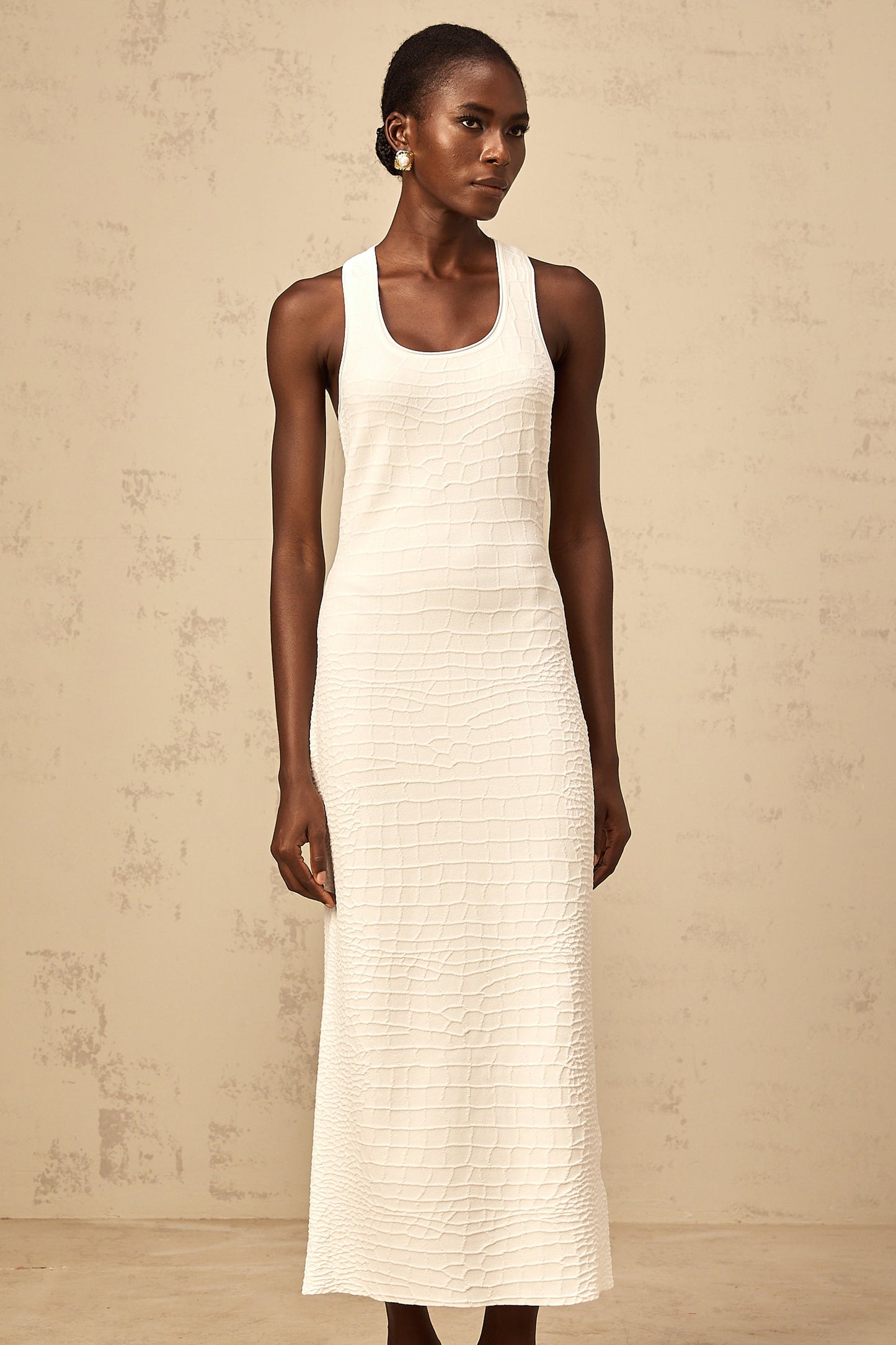 Xénia white textured jacquard tank midi dress
