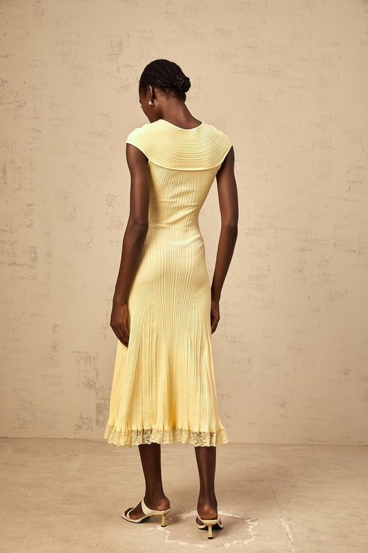 Airelle yellow lace-panelled rib-knit midi dress