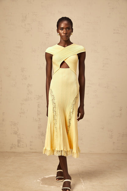 Airelle yellow lace-panelled rib-knit midi dress