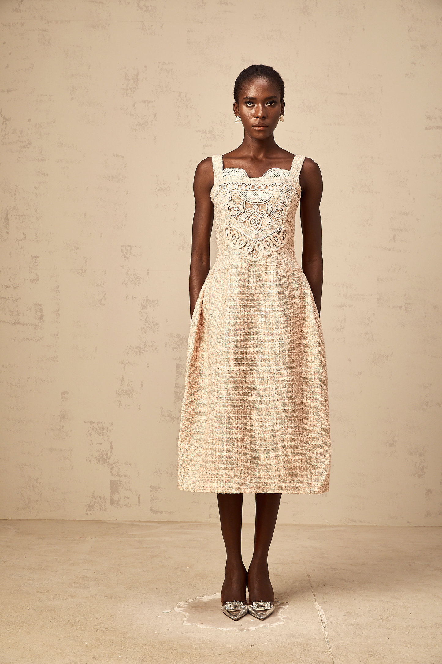 Véronica neutrals interwoven embroidered mini dress