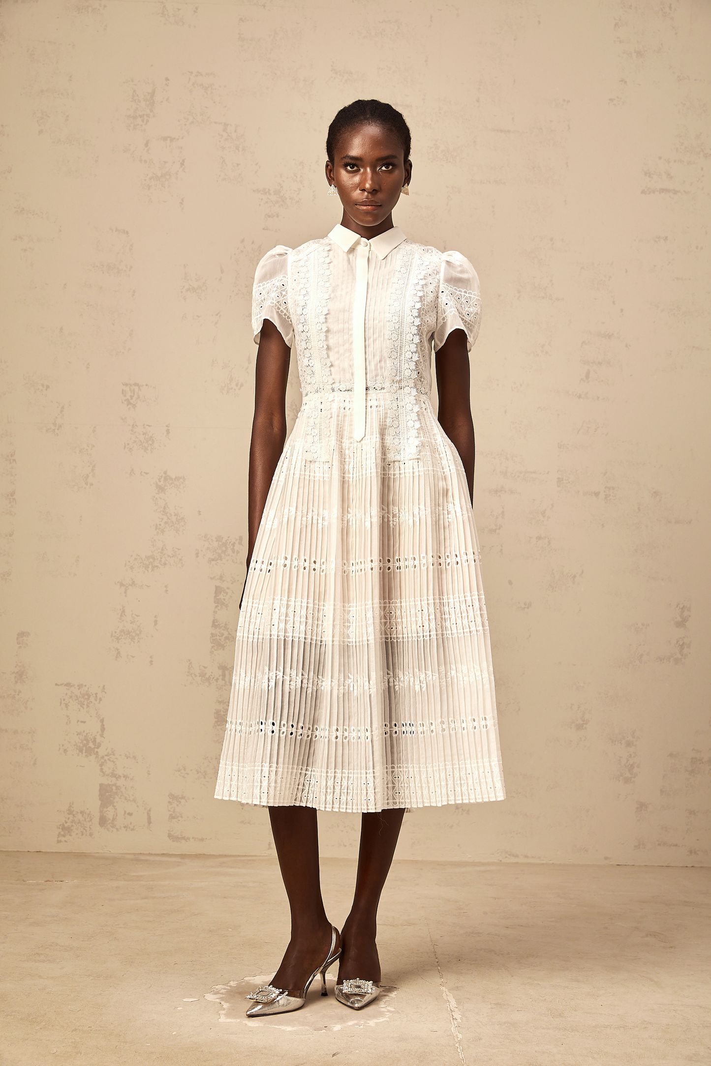 Quincie white lace-embroidered hollow midi dress
