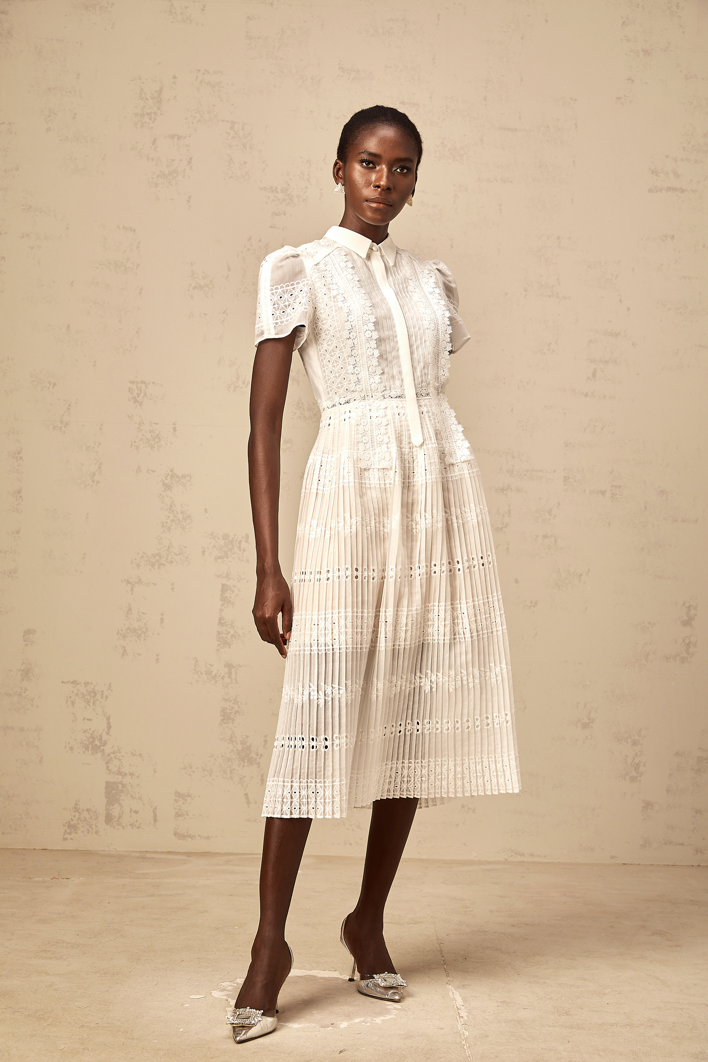 Quincie white lace-embroidered hollow midi dress