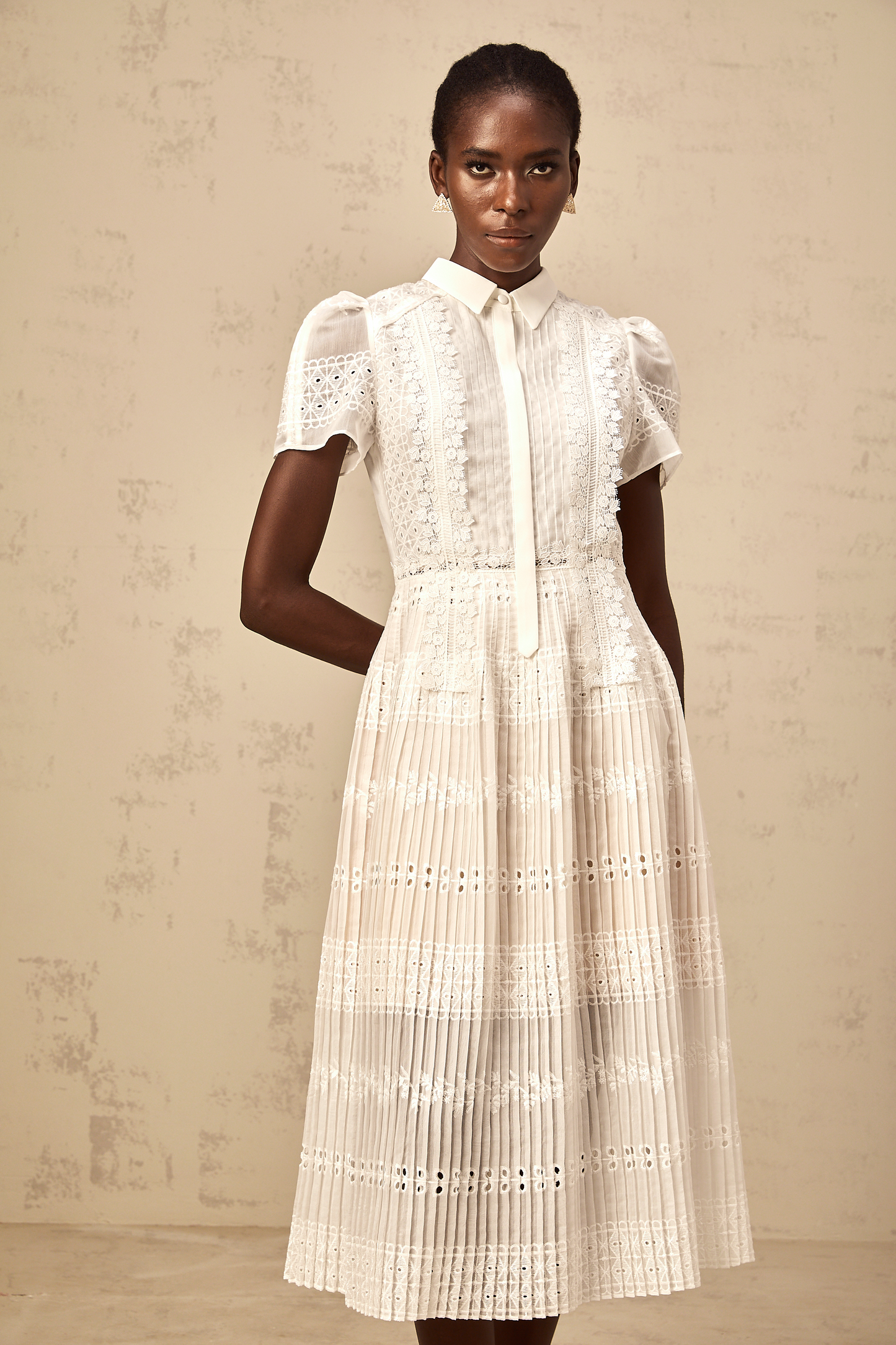 Quincie white lace-embroidered hollow midi dress