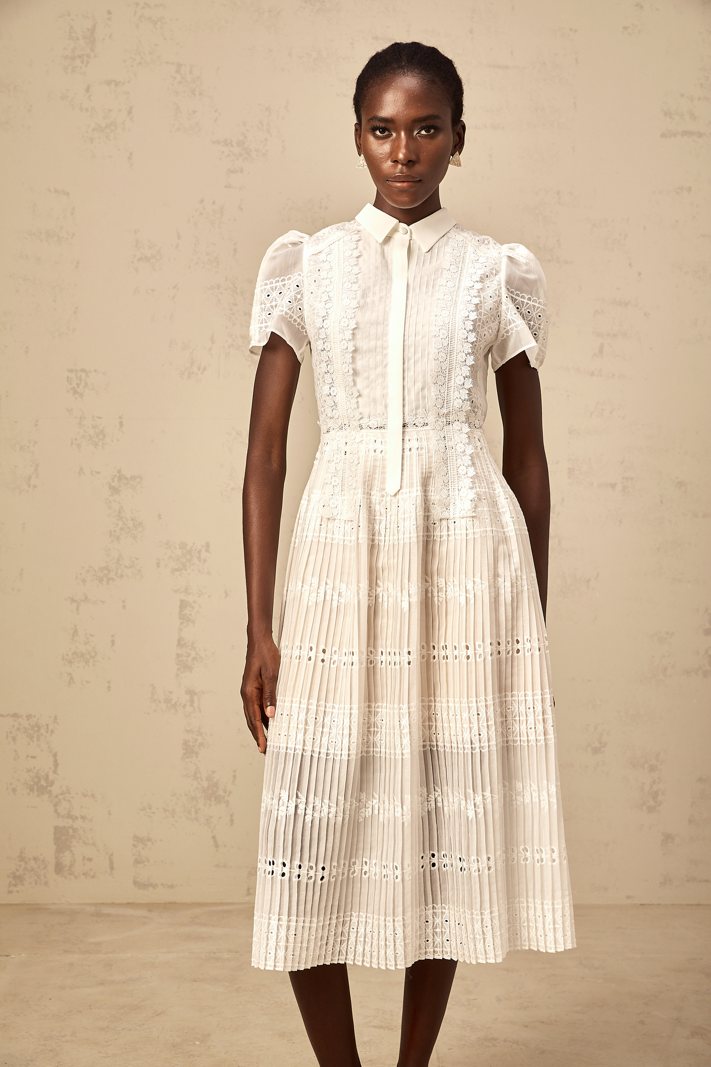 Quincie white lace-embroidered hollow midi dress