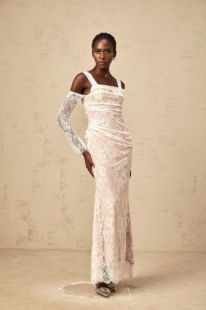 Bérénice white ruched floral-lace corset maxi dress