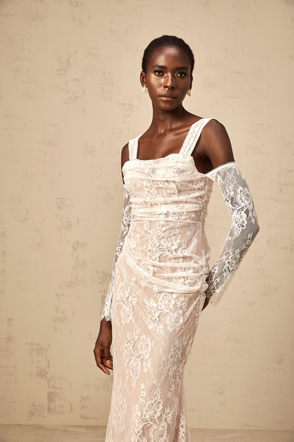 Bérénice white ruched floral-lace corset maxi dress