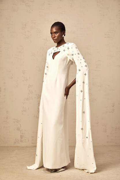 Fanny white extra-long-sleeve embellished gown