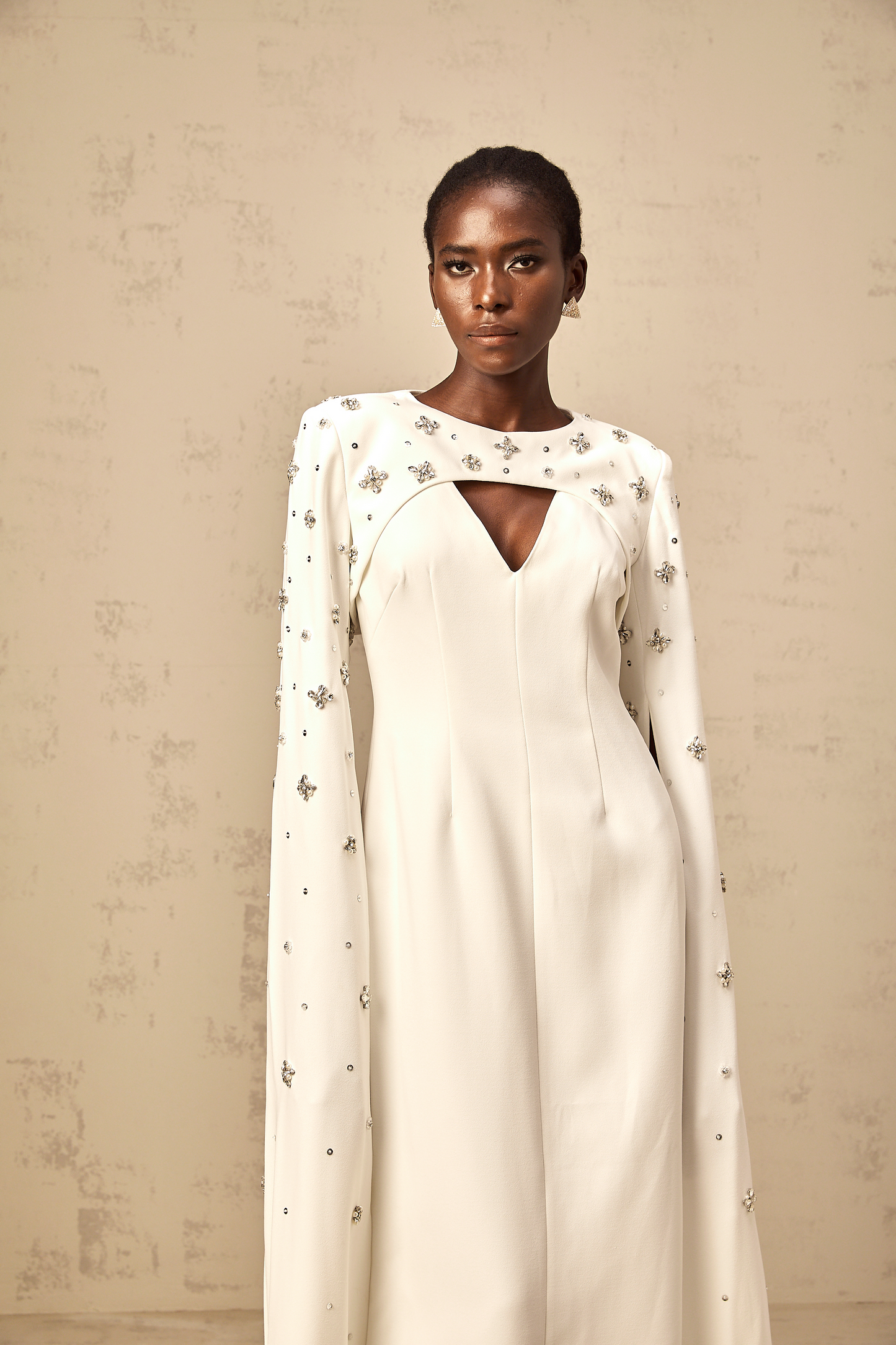 Fanny white extra-long-sleeve embellished gown