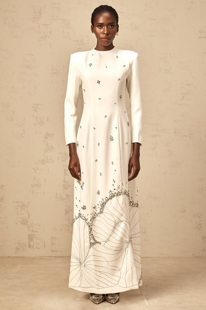 Daphné white lotus-motif embellished maxi dress