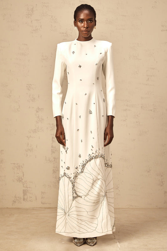 Daphné white lotus-motif embellished maxi dress