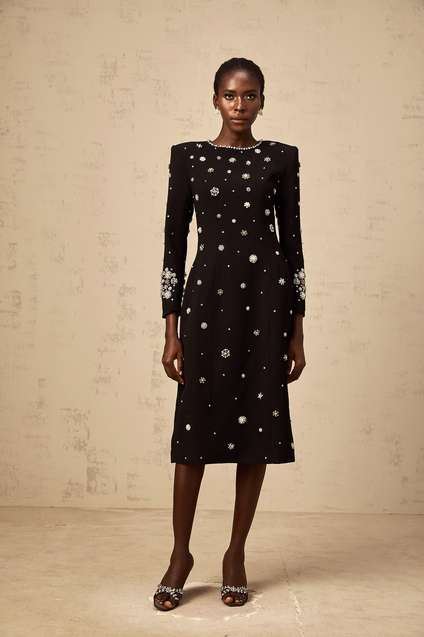 Gaëlle black dart-detail embellished midi dress