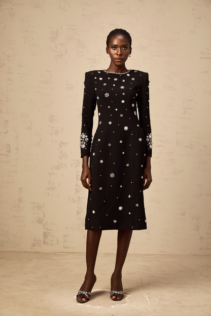 Gaëlle black dart-detail embellished midi dress