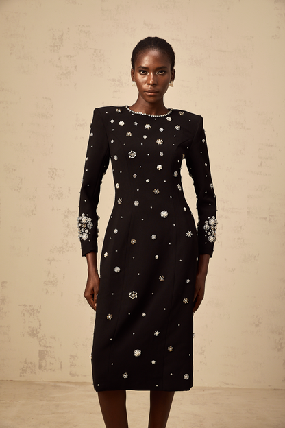 Gaëlle black dart-detail embellished midi dress