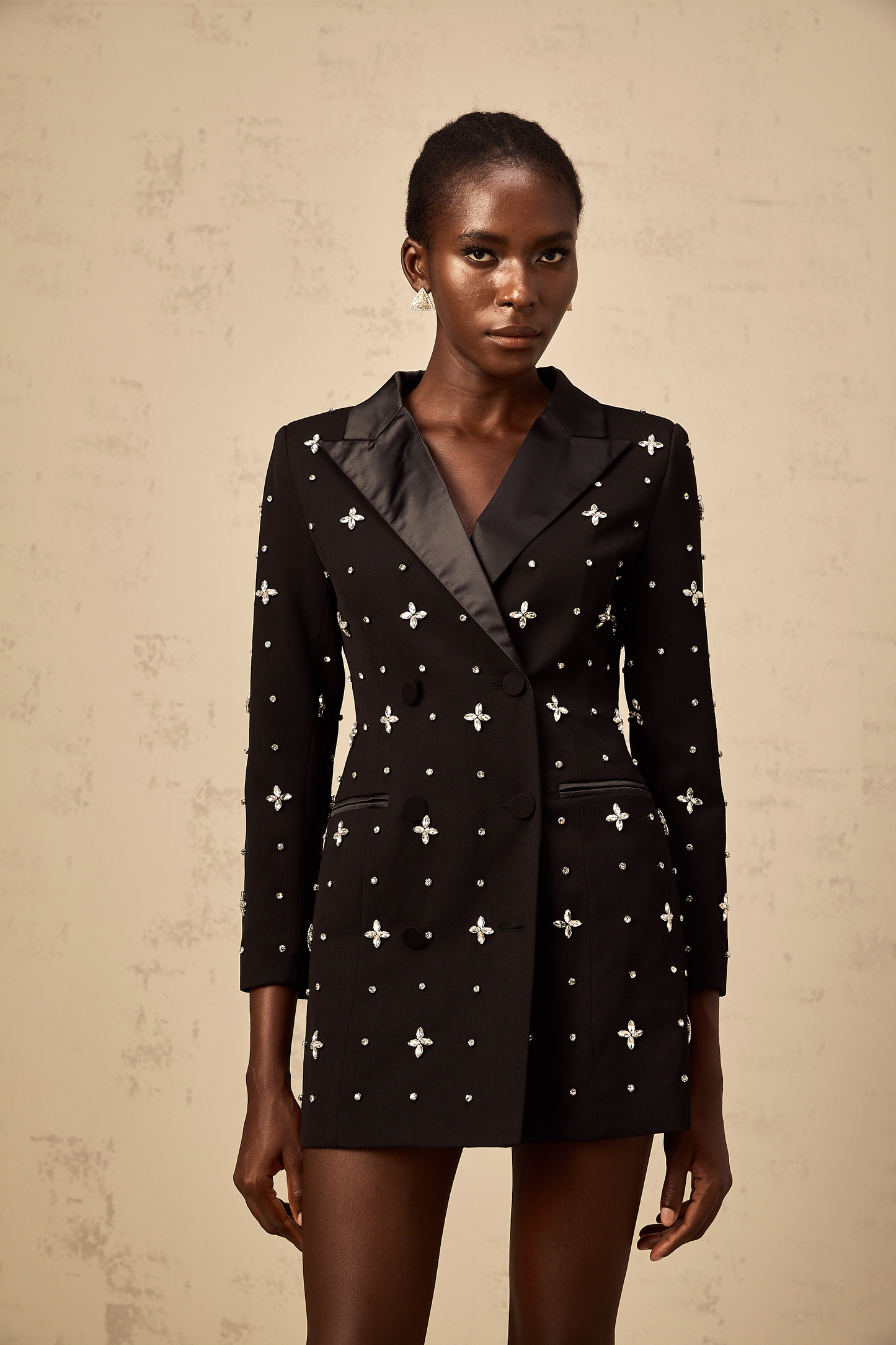 Quincie black crystal panelled mini blazer dress
