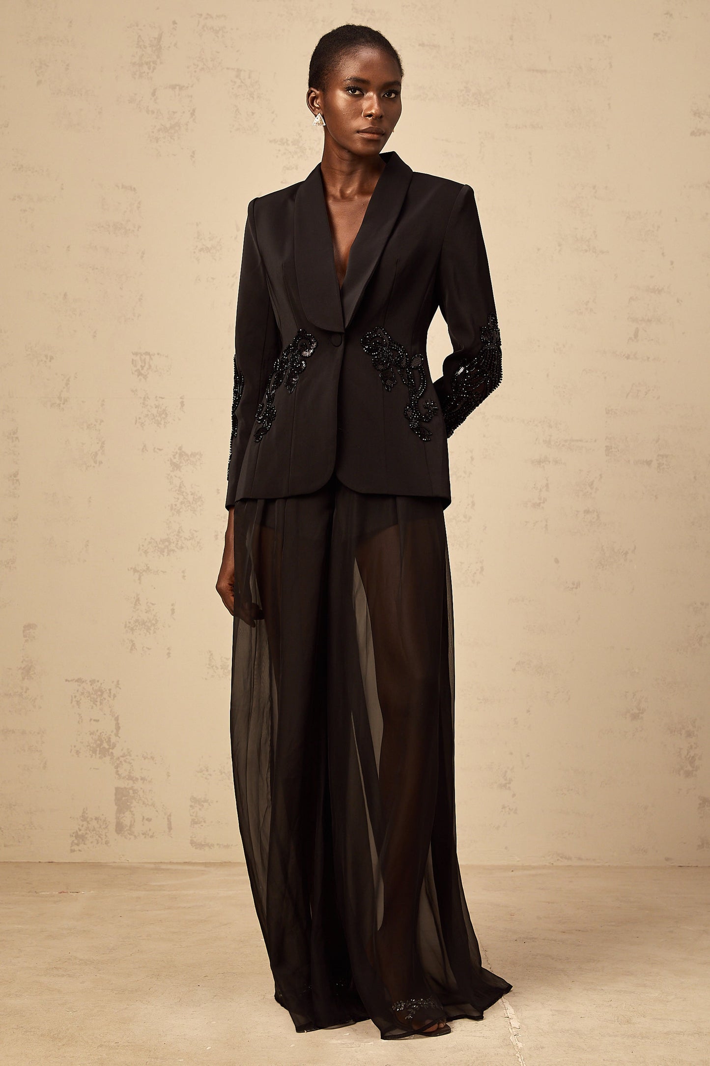 Sabine black embellished tulle-panel blazer & trousers matching set