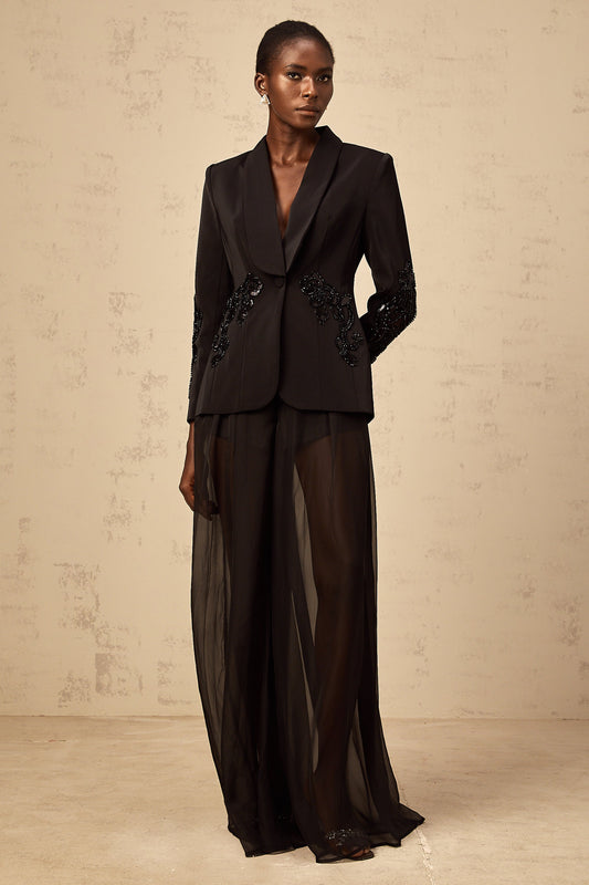 Sabine black embellished tulle-panel blazer & trousers matching set