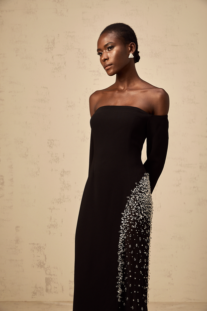 Hyacinthe black mesh-panel embellished maxi dress