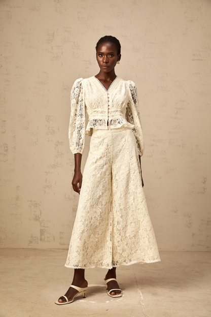 Jacinthe neutrals floral-lace blouse & trousers matching set