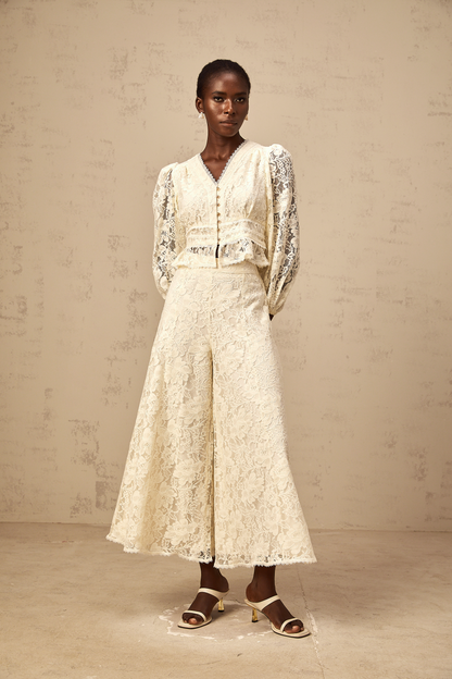 Jacinthe neutrals floral-lace blouse & trousers matching set