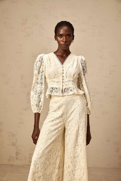Jacinthe neutrals floral-lace blouse & trousers matching set