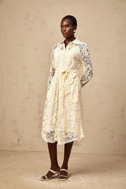 Juliette neutrals guipure-lace midi shirt dress