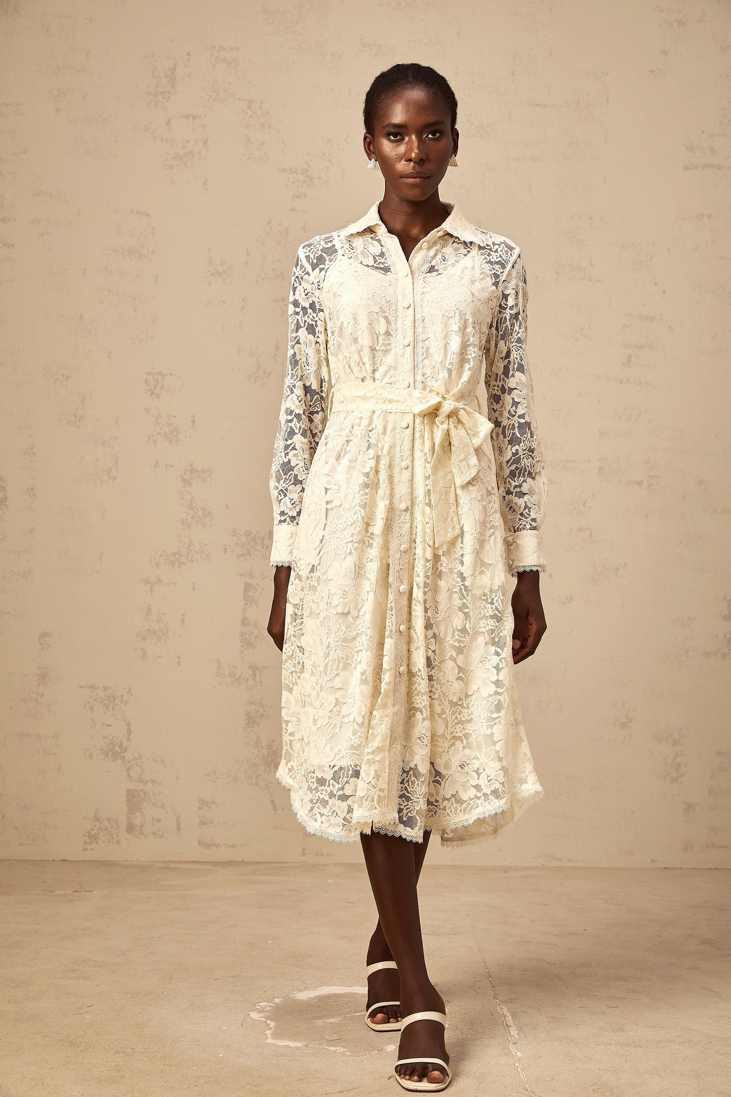 Juliette neutrals guipure-lace midi shirt dress