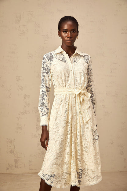 Juliette neutrals guipure-lace midi shirt dress