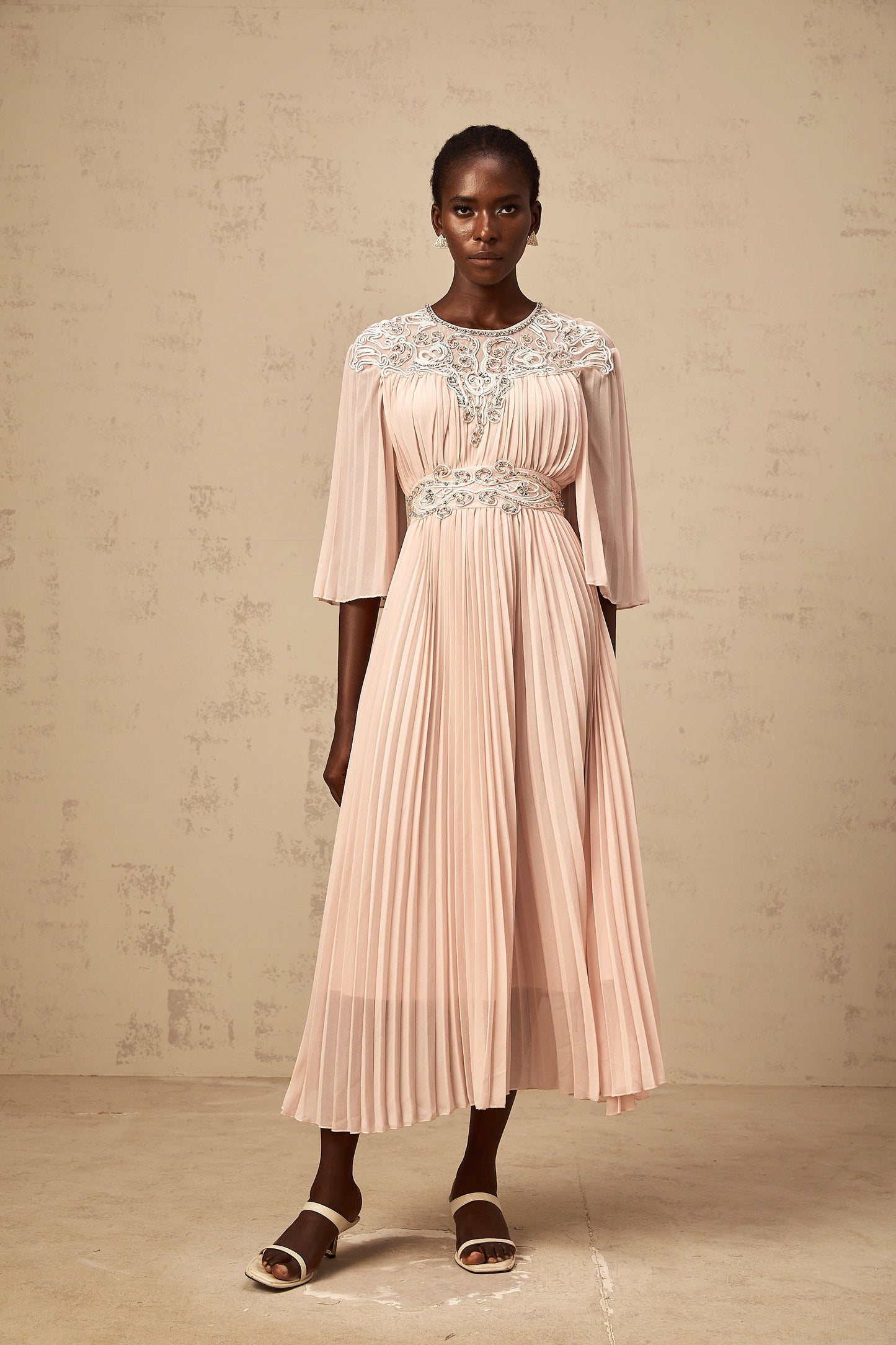 Théa pink crystal full-pleat midi dress